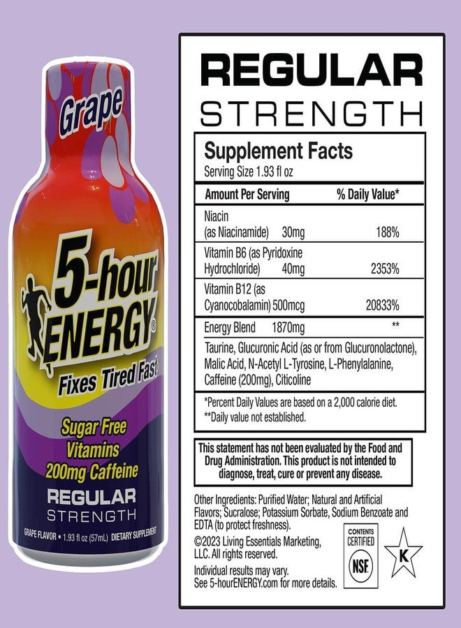 5-hour ENERGY مشروب طاقة 5-hour ENERGY ذو القوة العادية، عبوة من 20 زجاجة، 1.93 أونصة - معزز طاقة خالٍ من السكر والكافيين مع فيتامينات ب والأحماض الأمينية - خالٍ من السعرات الحرارية (20 زجاجة - نكهة واحدة، عنب ذو قوة عادية) - Image 2